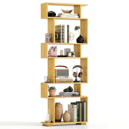 6-Tier Geometric Bookshelf with 2 Anti-Tipping Kits for Home Office-BE - Wood - Bookcases