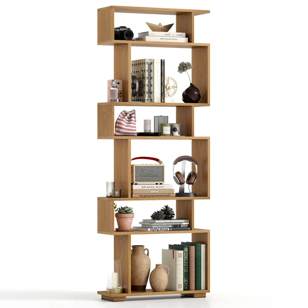 6-Tier Geometric Bookshelf with 2 Anti-Tipping Kits for Home Office-Natural - Natural - Bookcases