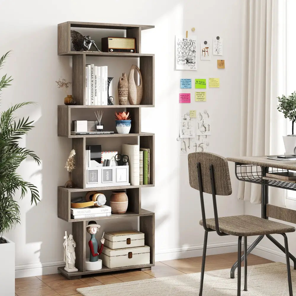 6-Tier Geometric Bookshelf with 2 Anti-Tipping Kits for Home Office-Oak - Oak - Bookcases