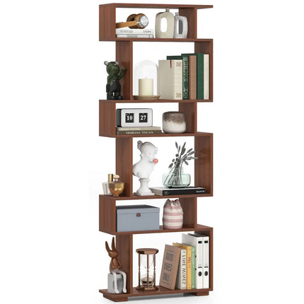 6-Tier Geometric Bookshelf with 2 Anti-Tipping Kits for Home Office-Walnut - Walnut - Bookcases