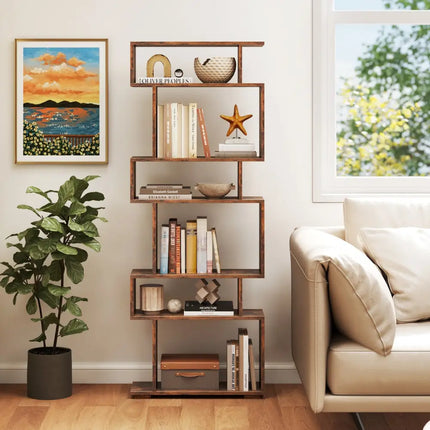 6-Tier Geometric Bookshelf with 2 Anti-Tipping Kits for Home Office-Brown - Rustic Brown - Bookcases