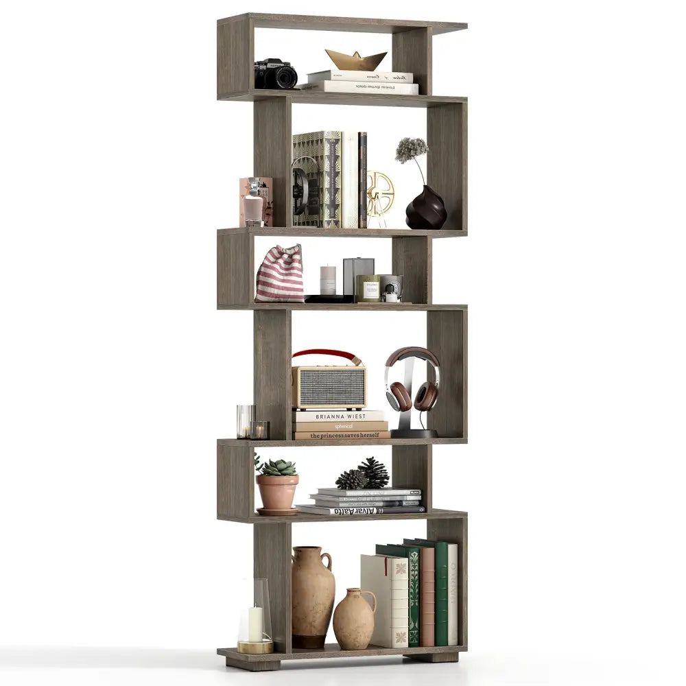 6-Tier Geometric Bookshelf with 2 Anti-Tipping Kits for Home Office-Oak - Oak - Bookcases