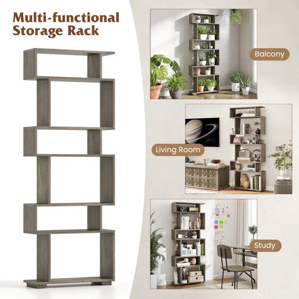 6-Tier Geometric Bookshelf with 2 Anti-Tipping Kits for Home Office-Oak - Oak - Bookcases
