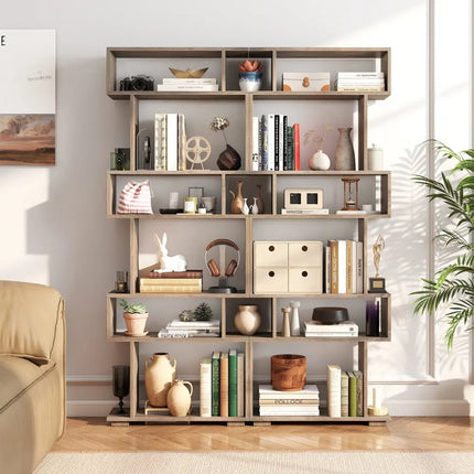 6-Tier Geometric Bookshelf with 2 Anti-Tipping Kits for Home Office-Oak - Oak - Bookcases