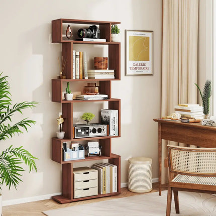 6-Tier Geometric Bookshelf with 2 Anti-Tipping Kits for Home Office-Walnut - Walnut - Bookcases