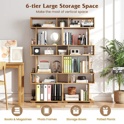 6-Tier Geometric Bookshelf with 2 Anti-Tipping Kits for Home Office-NA - Natural - Bookcases