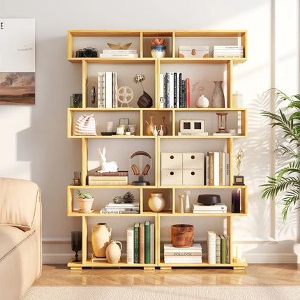 6-Tier Geometric Bookshelf with 2 Anti-Tipping Kits for Home Office-BE - Wood - Bookcases