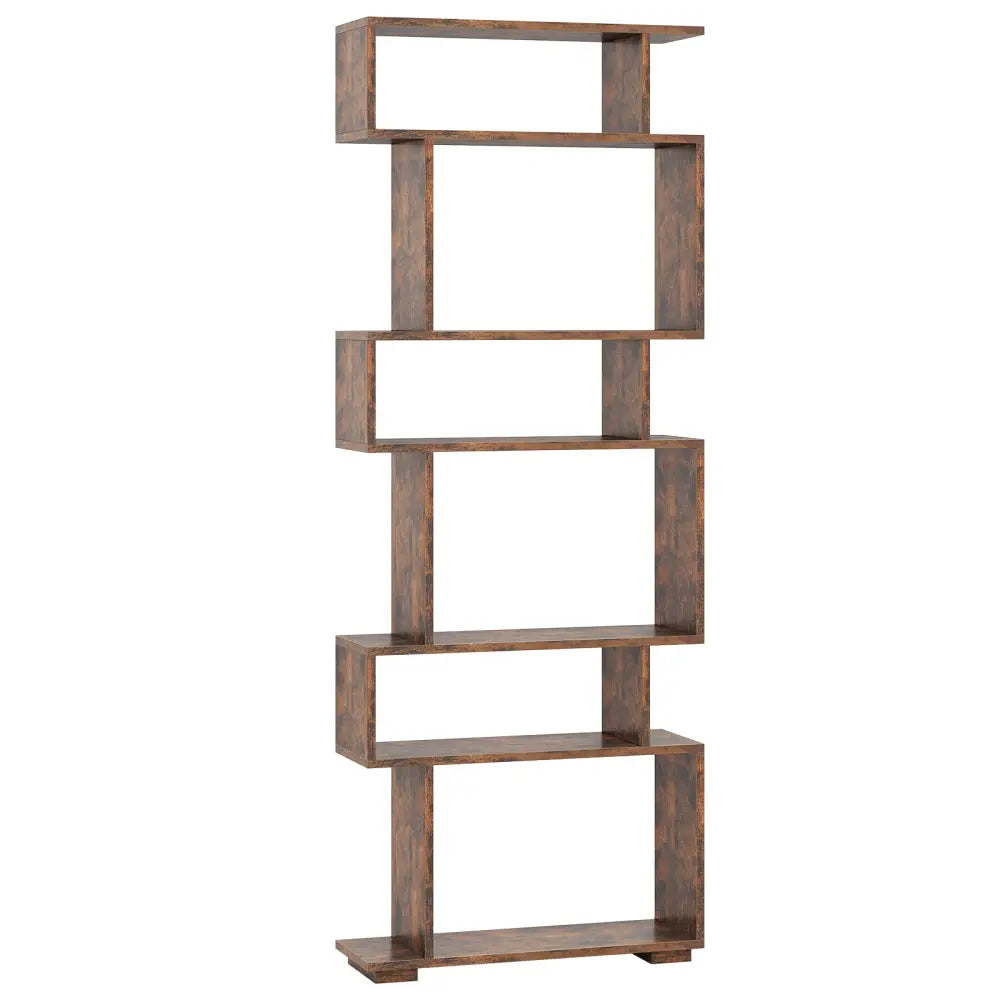 6-Tier Geometric Bookshelf with 2 Anti-Tipping Kits for Home Office-Brown - Rustic Brown - Bookcases