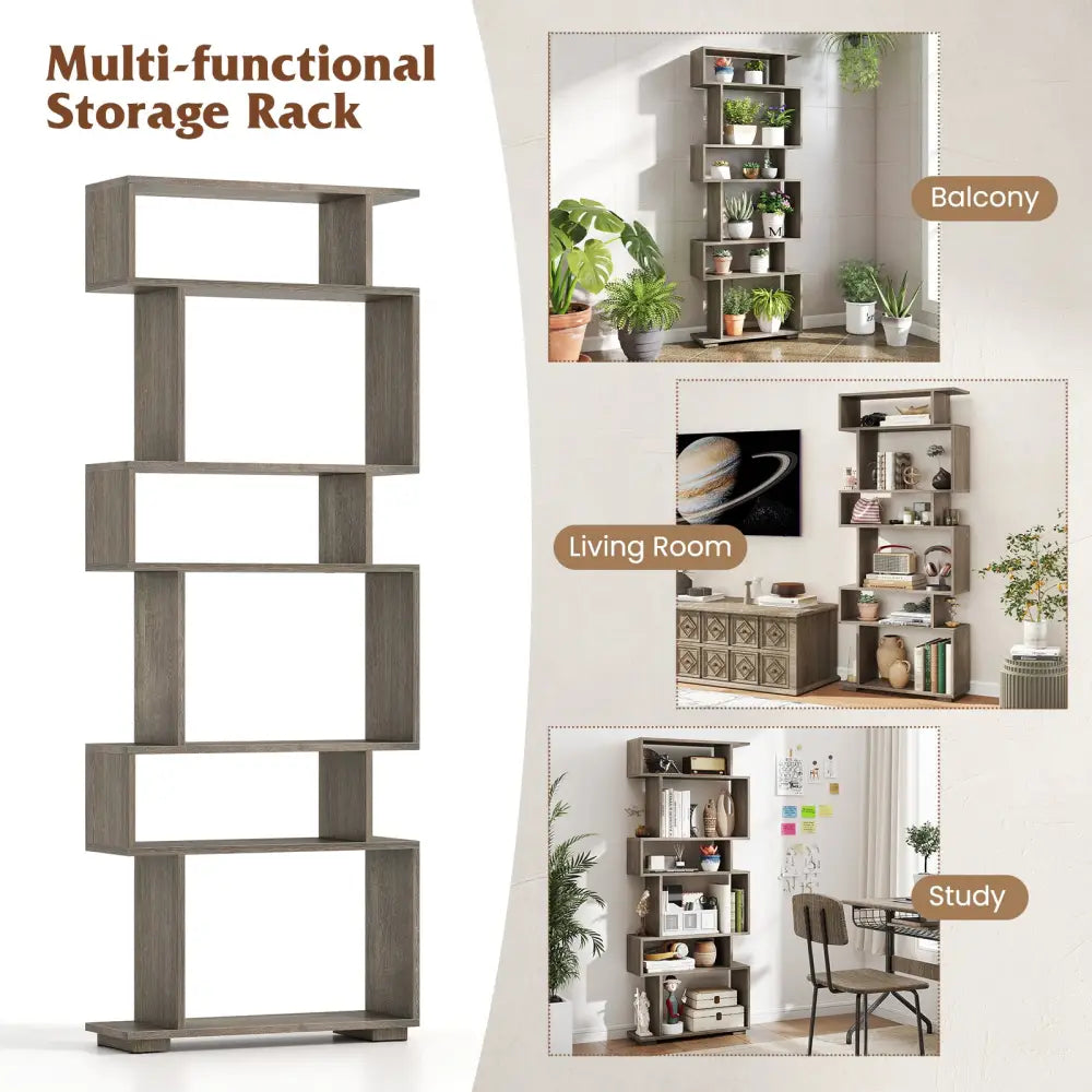 6-Tier Geometric Bookshelf with 2 Anti-Tipping Kits for Home Office-Oak - Oak - Bookcases