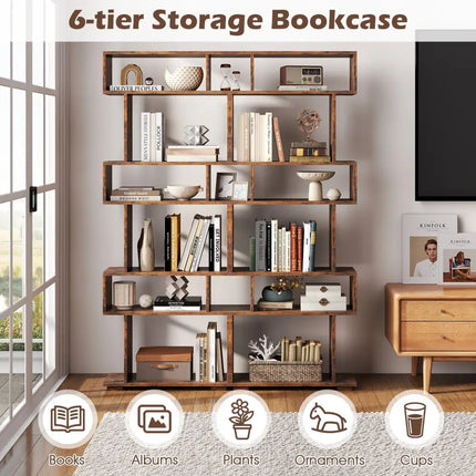 6-Tier Geometric Bookshelf with 2 Anti-Tipping Kits for Home Office-Brown - Rustic Brown - Bookcases