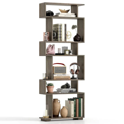 6-Tier Geometric Bookshelf with 2 Anti-Tipping Kits for Home Office-Oak - Oak - Bookcases