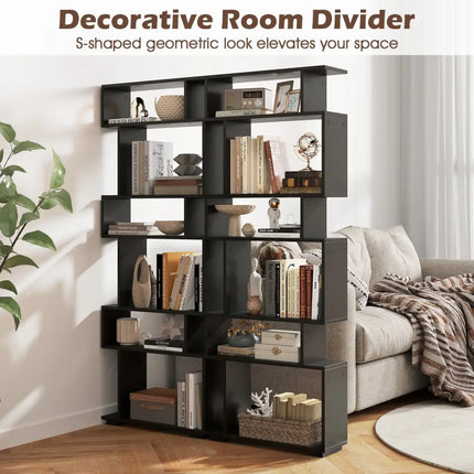 6-Tier Geometric Bookshelf with 2 Anti-Tipping Kits for Home Office-Black - Black - Bookcases