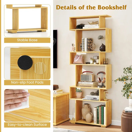 6-Tier Geometric Bookshelf with 2 Anti-Tipping Kits for Home Office-BE - Wood - Bookcases