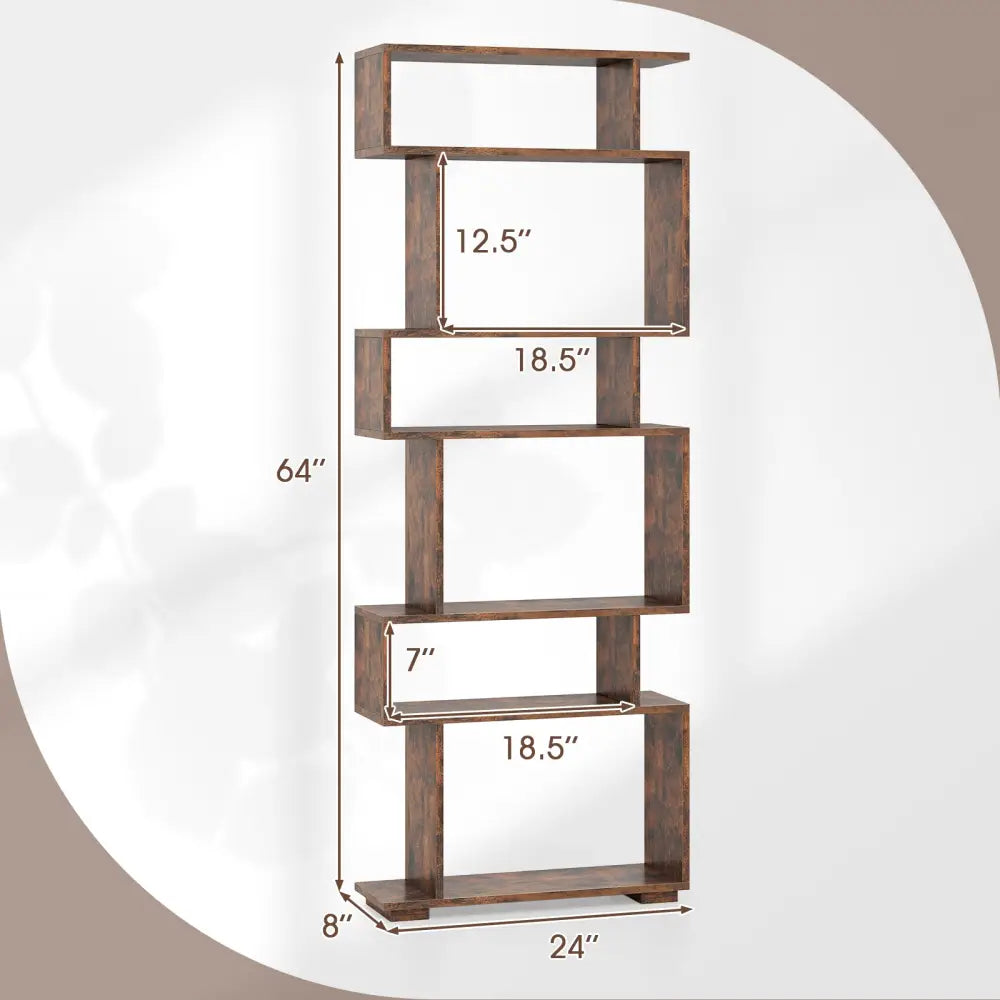 6-Tier Geometric Bookshelf with 2 Anti-Tipping Kits for Home Office-Brown - Rustic Brown - Bookcases