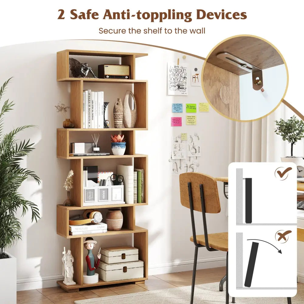 6-Tier Geometric Bookshelf with 2 Anti-Tipping Kits for Home Office-Natural - Natural - Bookcases