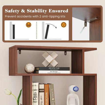 6-Tier Geometric Bookshelf with 2 Anti-Tipping Kits for Home Office-Walnut - Walnut - Bookcases