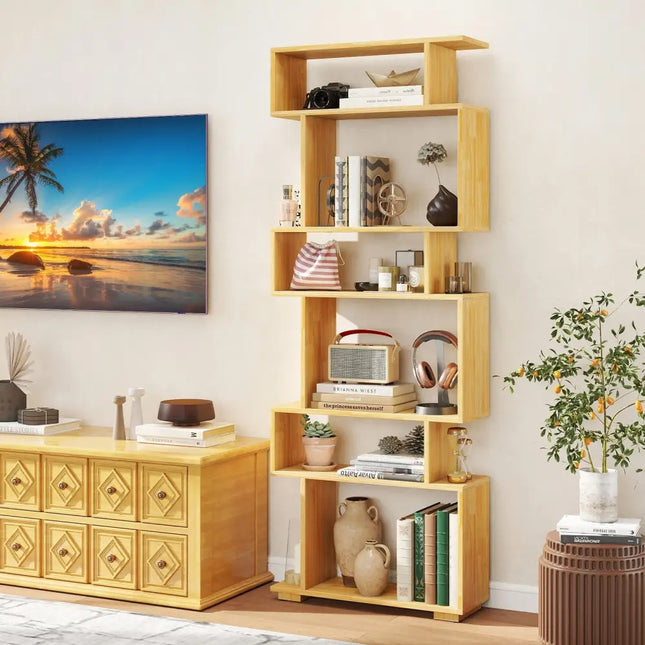 6-Tier Geometric Bookshelf with 2 Anti-Tipping Kits for Home Office-BE - Wood - Bookcases