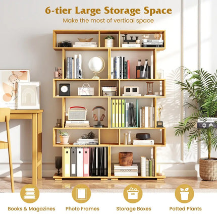 6-Tier Geometric Bookshelf with 2 Anti-Tipping Kits for Home Office-BE - Wood - Bookcases