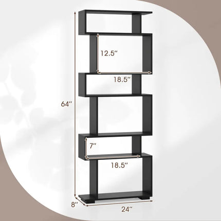 6-Tier Geometric Bookshelf with 2 Anti-Tipping Kits for Home Office-Black - Black - Bookcases