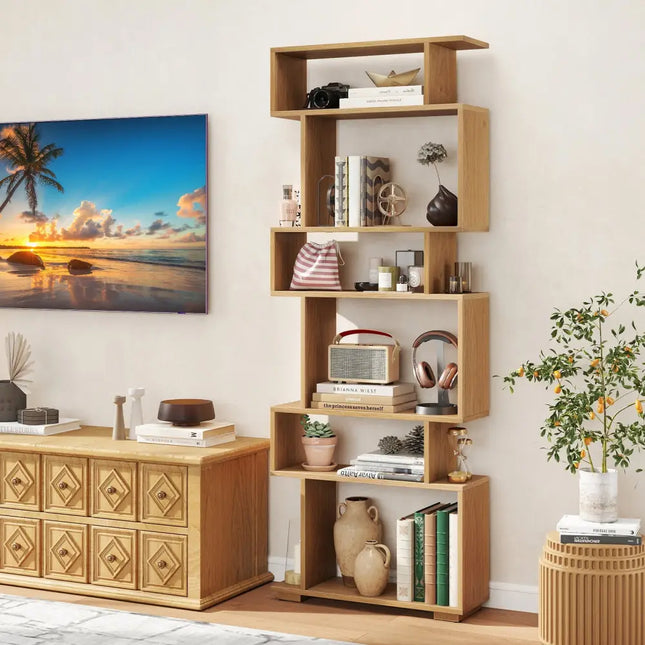 6-Tier Geometric Bookshelf with 2 Anti-Tipping Kits for Home Office-NA - Natural - Bookcases