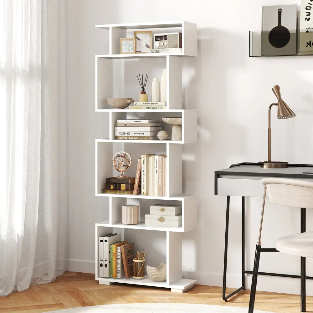 6-Tier Geometric Bookshelf with 2 Anti-Tipping Kits for Home Office-White - White - Bookcases