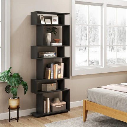 6-Tier Geometric Bookshelf with 2 Anti-Tipping Kits for Home Office-Black - Black - Bookcases