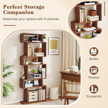 6-Tier Geometric Bookshelf with 2 Anti-Tipping Kits for Home Office-Walnut - Walnut - Bookcases