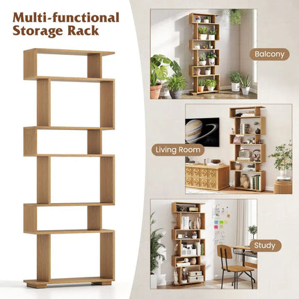 6-Tier Geometric Bookshelf with 2 Anti-Tipping Kits for Home Office-NA - Natural - Bookcases