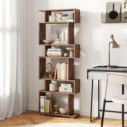 6-Tier Geometric Bookshelf with 2 Anti-Tipping Kits for Home Office-Brown - Rustic Brown - Bookcases