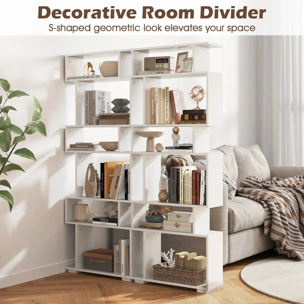 6-Tier Geometric Bookshelf with 2 Anti-Tipping Kits for Home Office-White - White - Bookcases