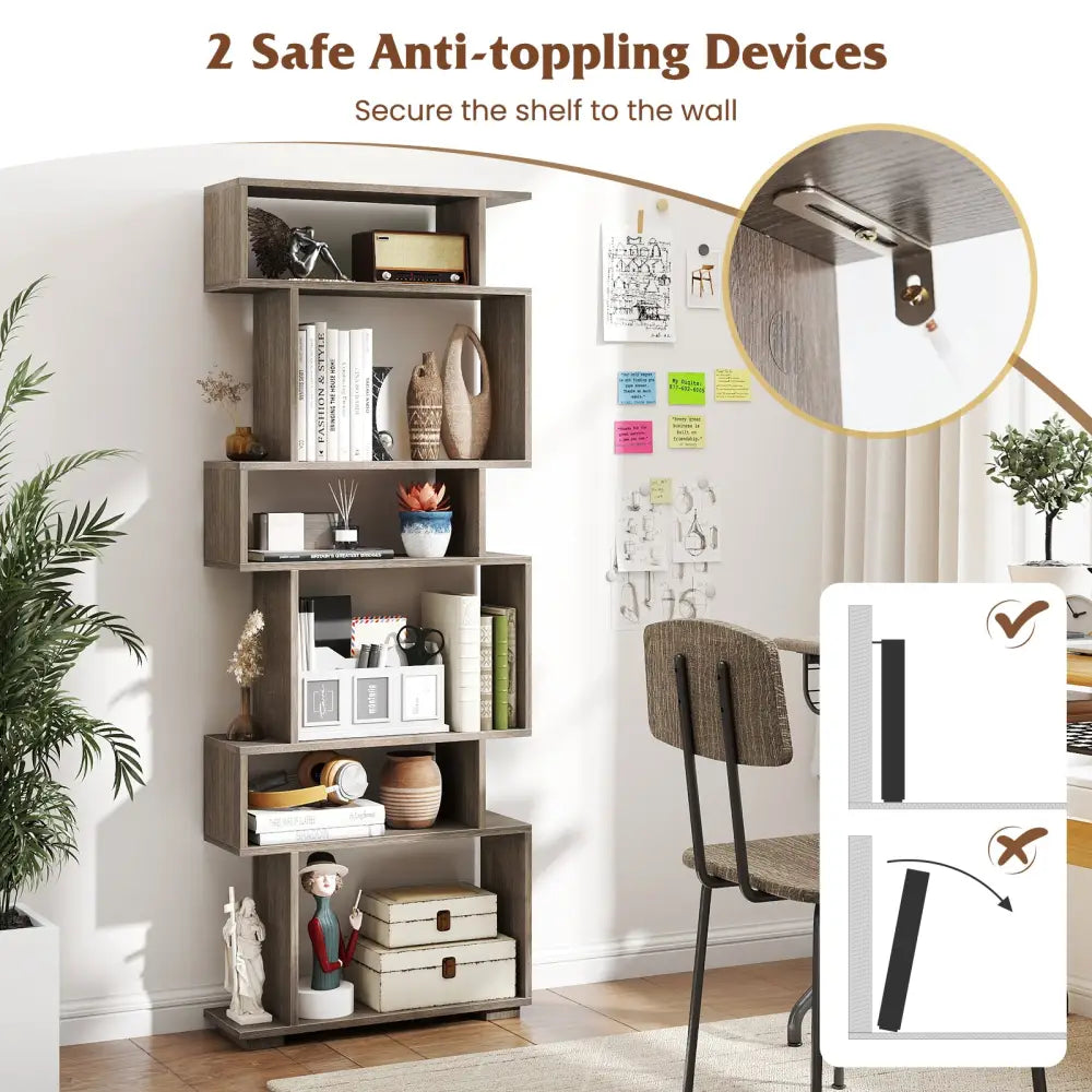 6-Tier Geometric Bookshelf with 2 Anti-Tipping Kits for Home Office-Oak - Oak - Bookcases