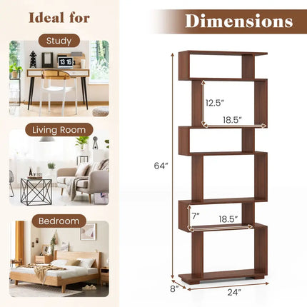 6-Tier Geometric Bookshelf with 2 Anti-Tipping Kits for Home Office-Walnut - Walnut - Bookcases
