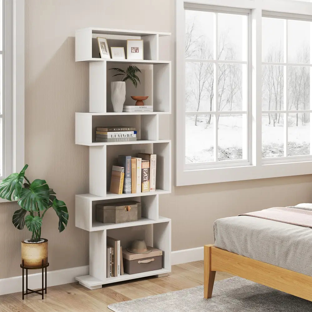 6-Tier Geometric Bookshelf with 2 Anti-Tipping Kits for Home Office-White - White - Bookcases
