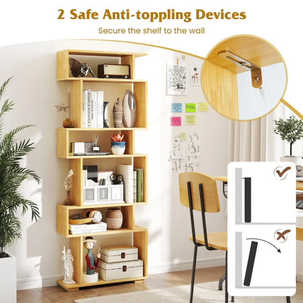 6-Tier Geometric Bookshelf with 2 Anti-Tipping Kits for Home Office-BE - Wood - Bookcases