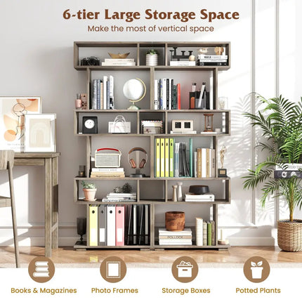 6-Tier Geometric Bookshelf with 2 Anti-Tipping Kits for Home Office-Oak - Oak - Bookcases