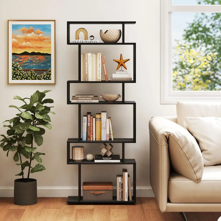 6-Tier Geometric Bookshelf with 2 Anti-Tipping Kits for Home Office-Black - Black - Bookcases