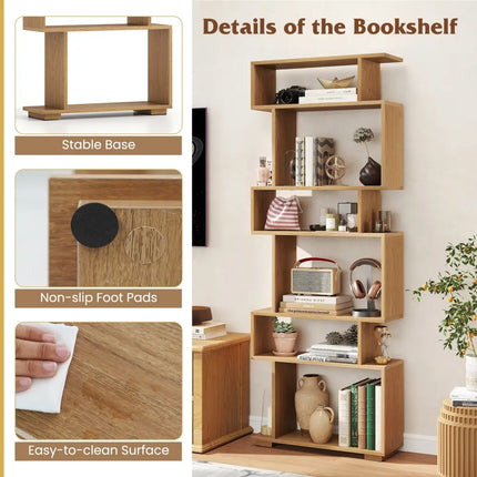 6-Tier Geometric Bookshelf with 2 Anti-Tipping Kits for Home Office-NA - Natural - Bookcases