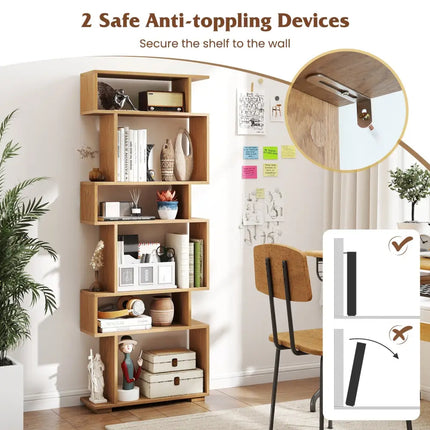 6-Tier Geometric Bookshelf with 2 Anti-Tipping Kits for Home Office-NA - Natural - Bookcases