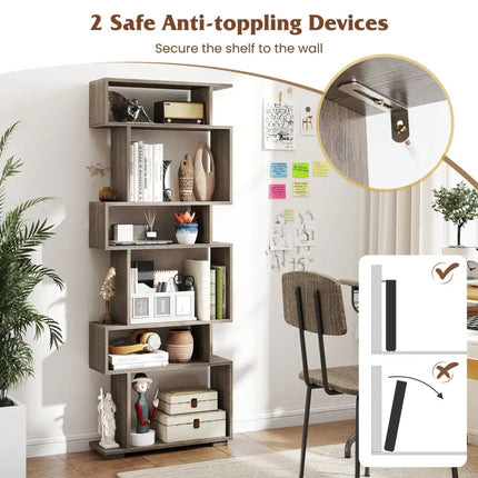 6-Tier Geometric Bookshelf with 2 Anti-Tipping Kits for Home Office-Oak - Oak - Bookcases