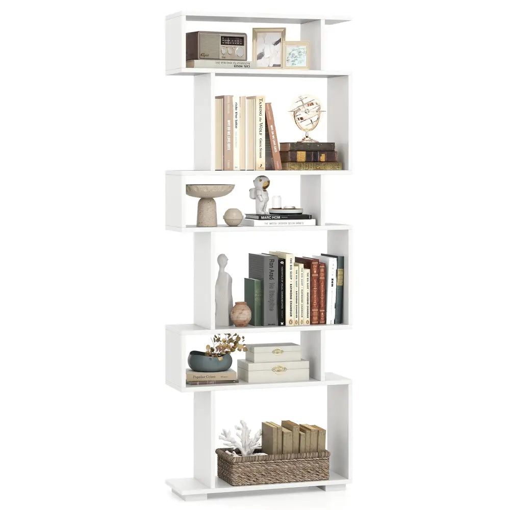 6-Tier Geometric Bookshelf with 2 Anti-Tipping Kits for Home Office-White - White - Bookcases