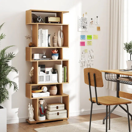6-Tier Geometric Bookshelf with 2 Anti-Tipping Kits for Home Office-NA - Natural - Bookcases