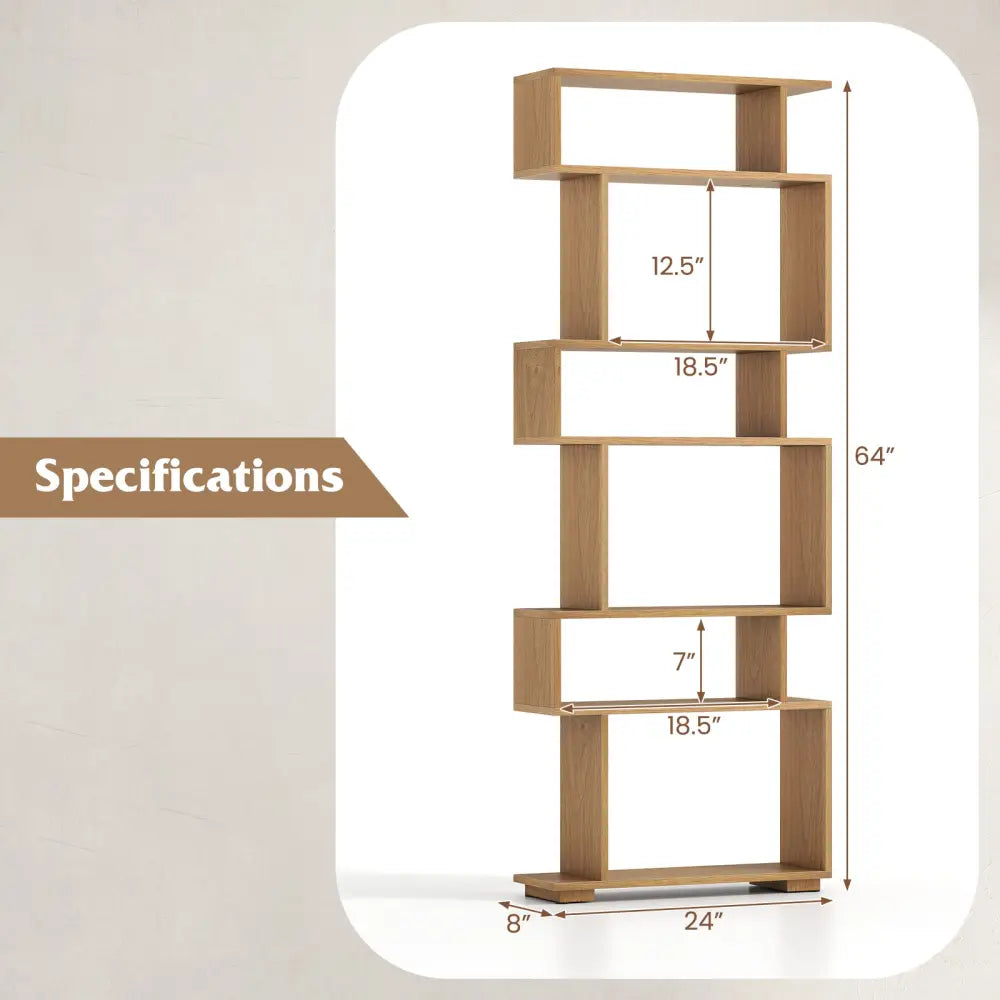 6-Tier Geometric Bookshelf with 2 Anti-Tipping Kits for Home Office-Natural - Natural - Bookcases