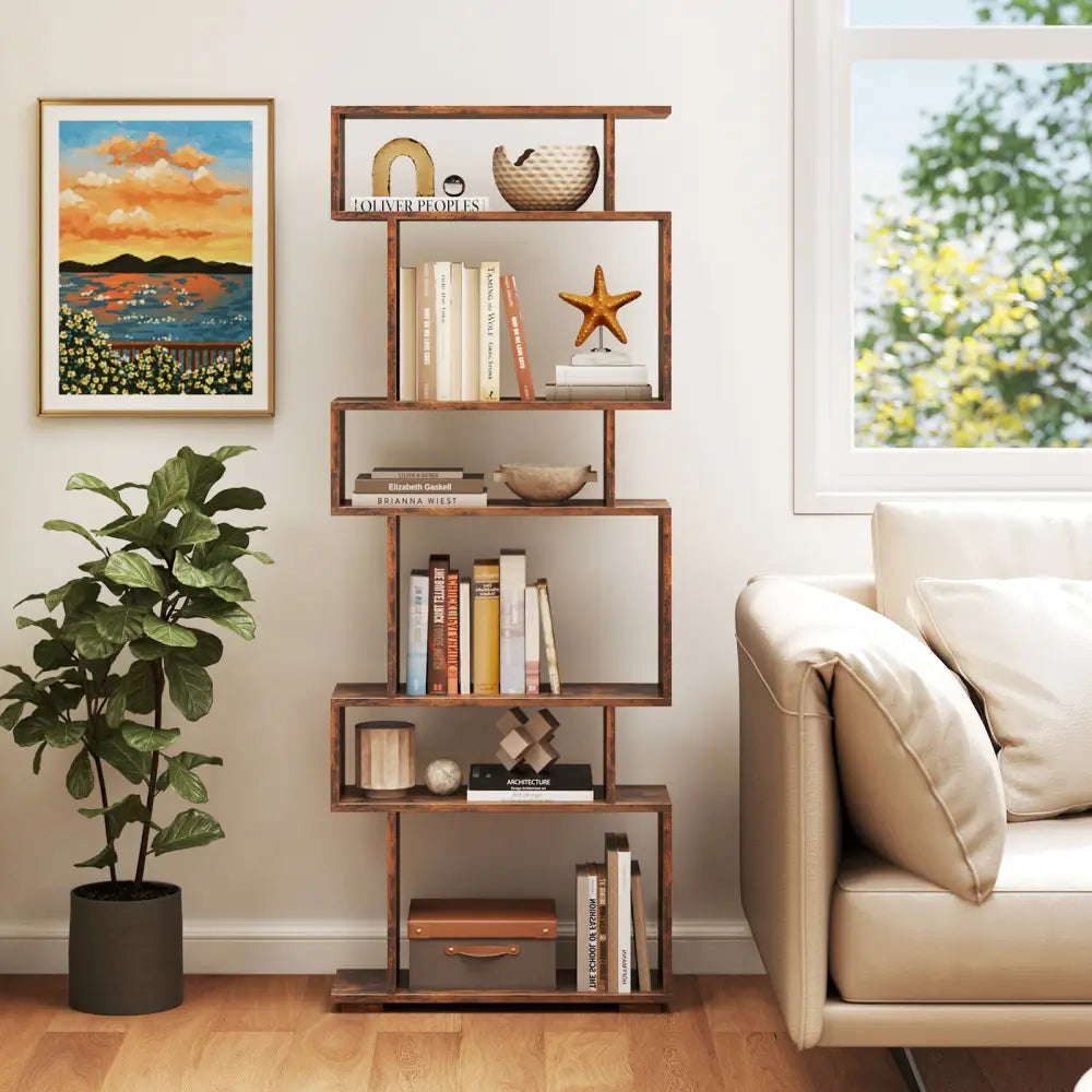 6-Tier Geometric Bookshelf with 2 Anti-Tipping Kits for Home Office-Brown - Rustic Brown - Bookcases