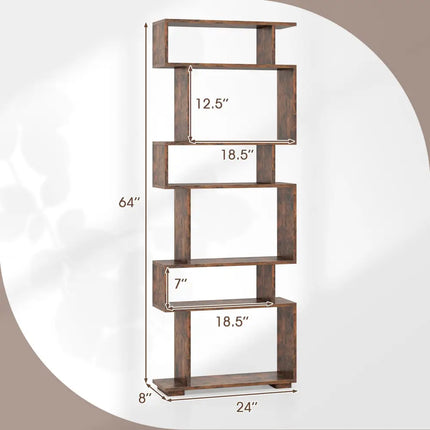 6-Tier Geometric Bookshelf with 2 Anti-Tipping Kits for Home Office-Brown - Rustic Brown - Bookcases
