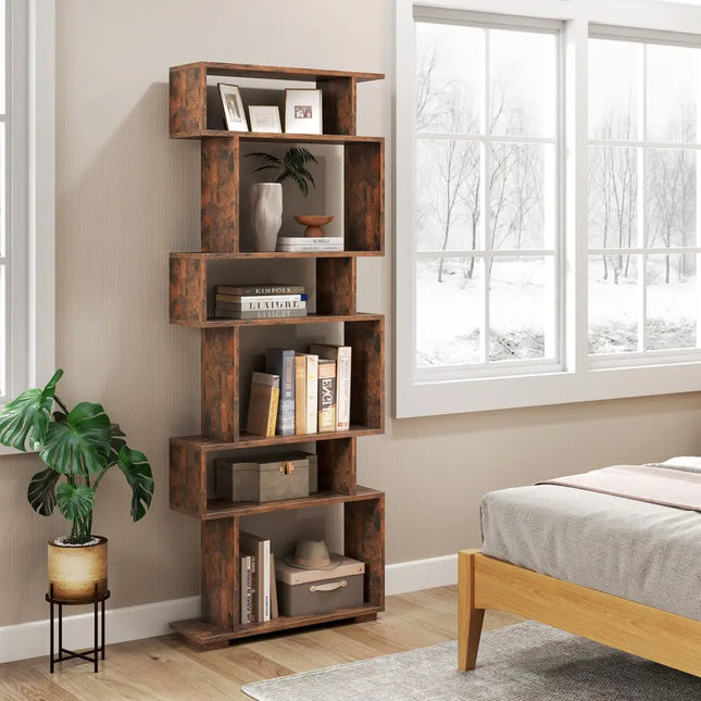 6-Tier Geometric Bookshelf with 2 Anti-Tipping Kits for Home Office-Brown - Rustic Brown - Bookcases