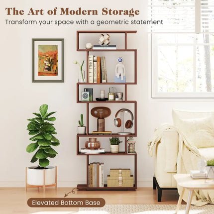 6-Tier Geometric Bookshelf with 2 Anti-Tipping Kits for Home Office-Walnut - Walnut - Bookcases