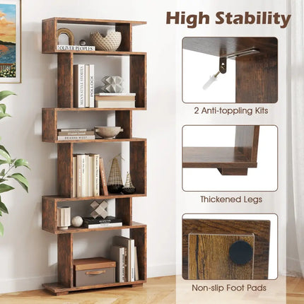 6-Tier Geometric Bookshelf with 2 Anti-Tipping Kits for Home Office-Brown - Rustic Brown - Bookcases