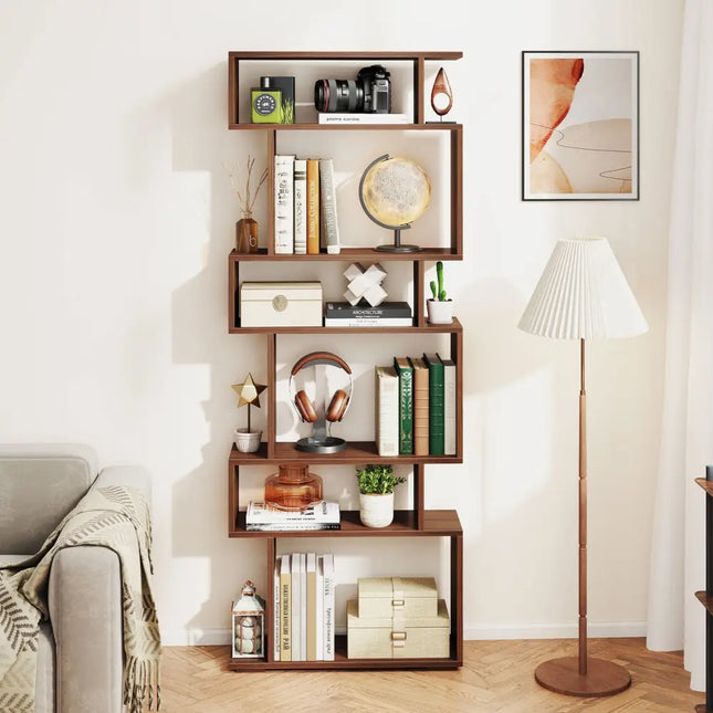 6-Tier Geometric Bookshelf with 2 Anti-Tipping Kits for Home Office-Walnut - Walnut - Bookcases
