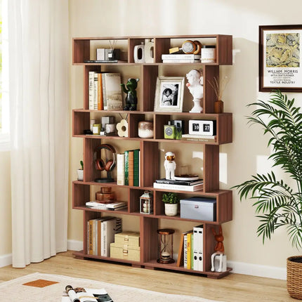 6-Tier Geometric Bookshelf with 2 Anti-Tipping Kits for Home Office-Walnut - Walnut - Bookcases