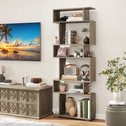 6-Tier Geometric Bookshelf with 2 Anti-Tipping Kits for Home Office-Oak - Oak - Bookcases